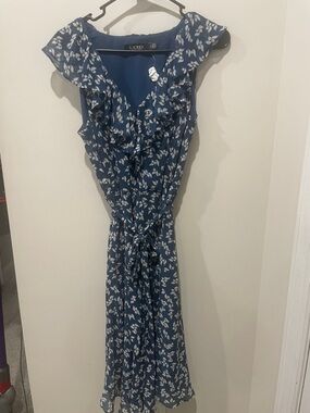 Lauren Ralph Lauren Navy Blue Floral Ruffle Wrap Midi Dress